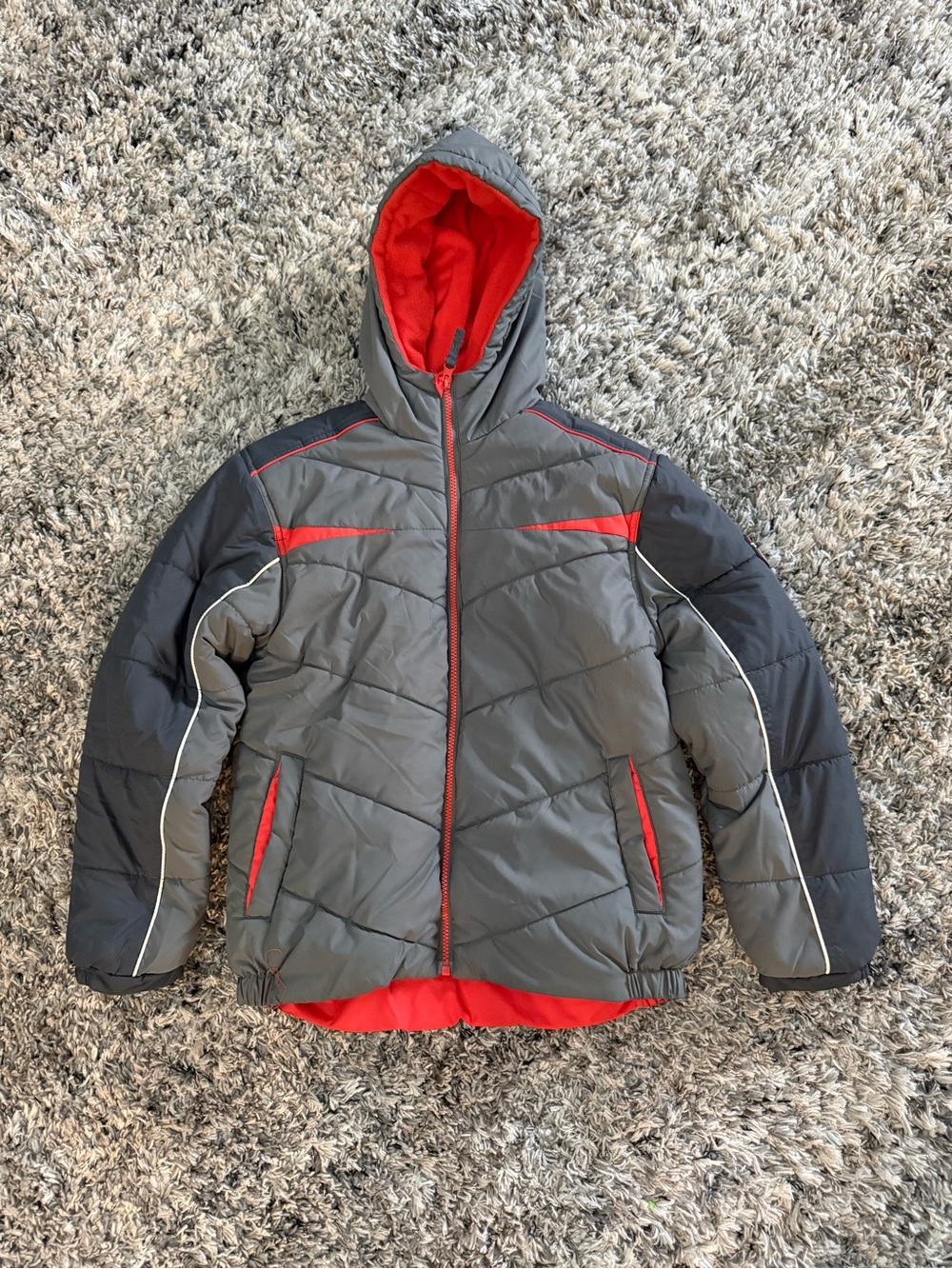 Kids Hooded Puffer Jacket in Gray with Orange Lining